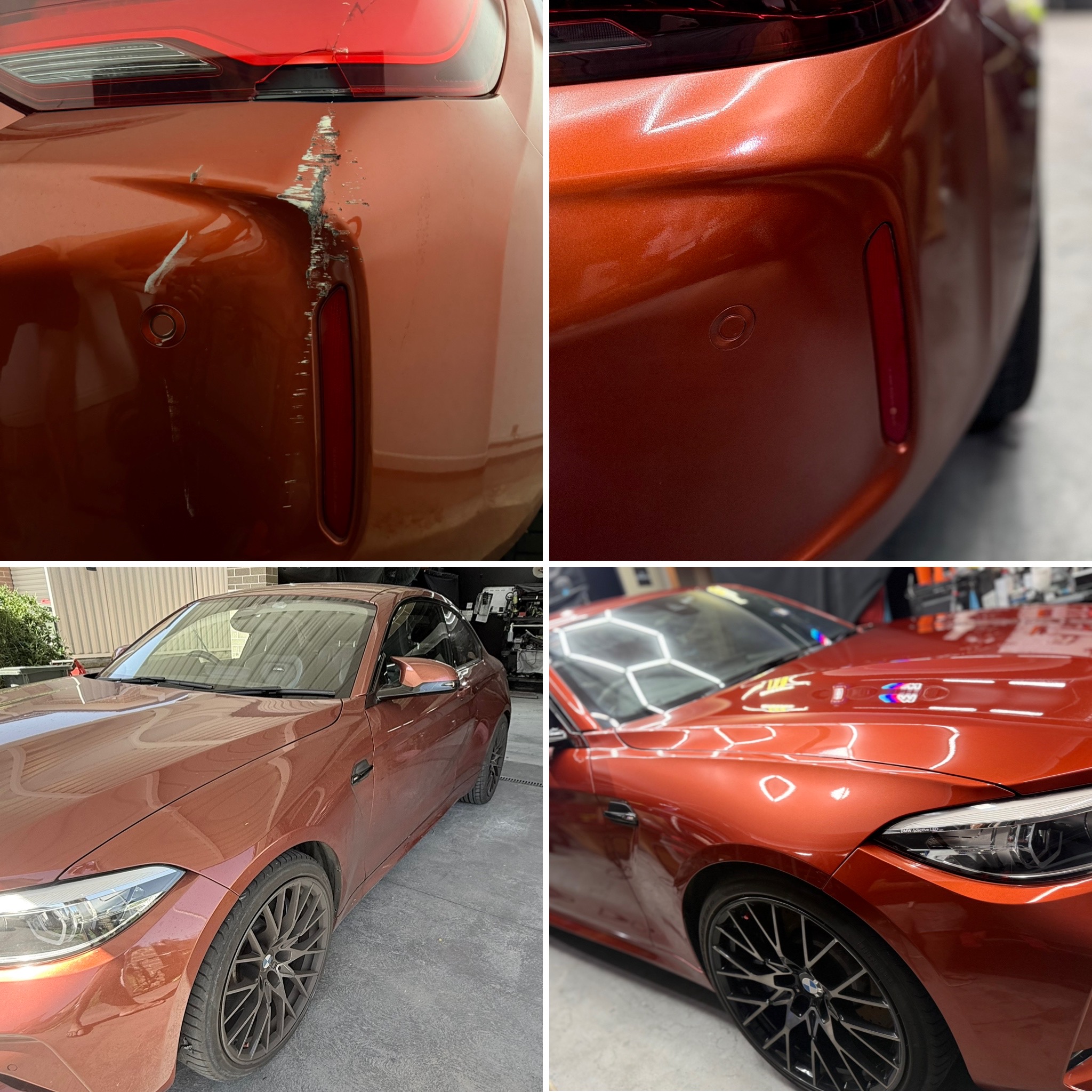 Scratch repair before and after on orange BMW