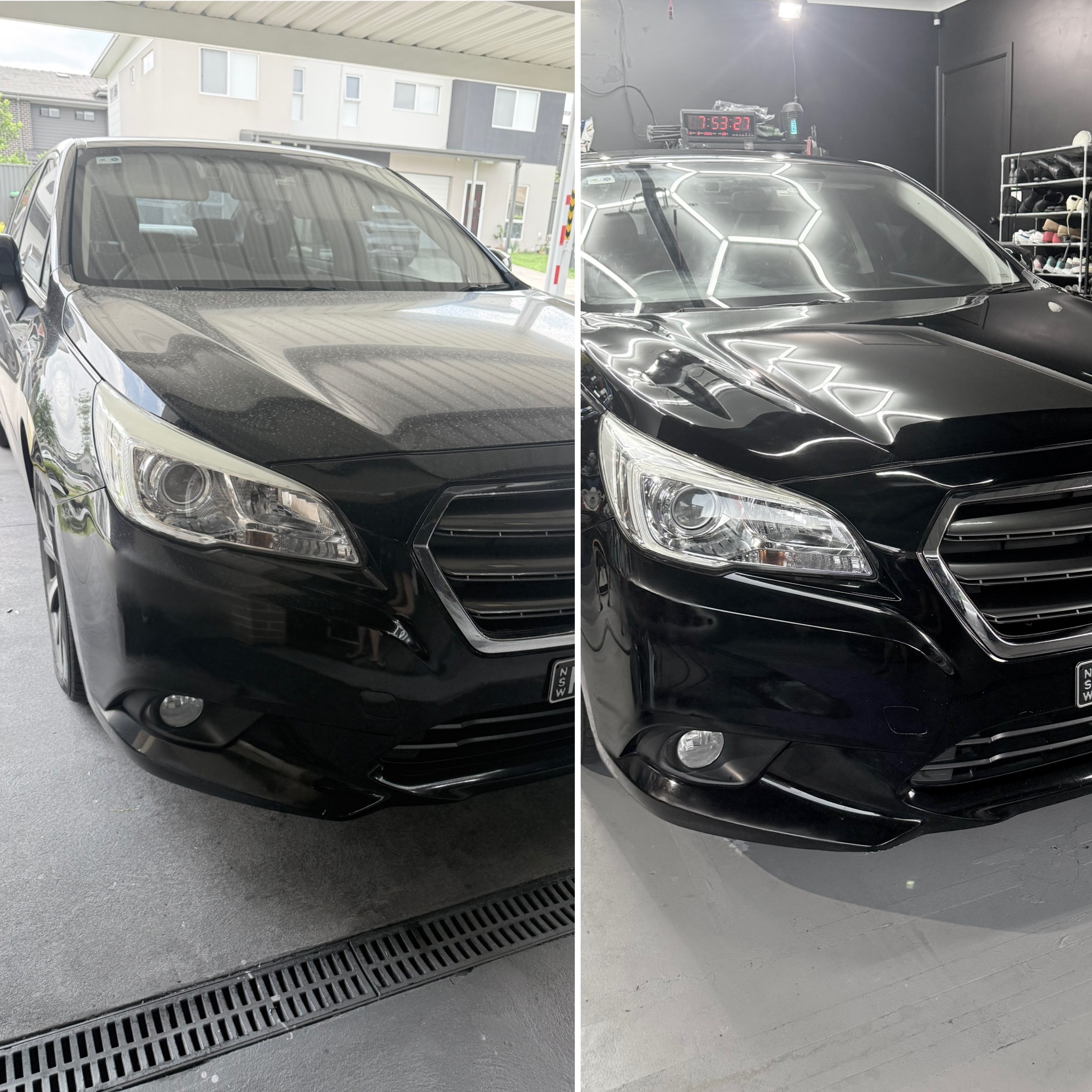 Black Subaru Liberty before and after paint correction
