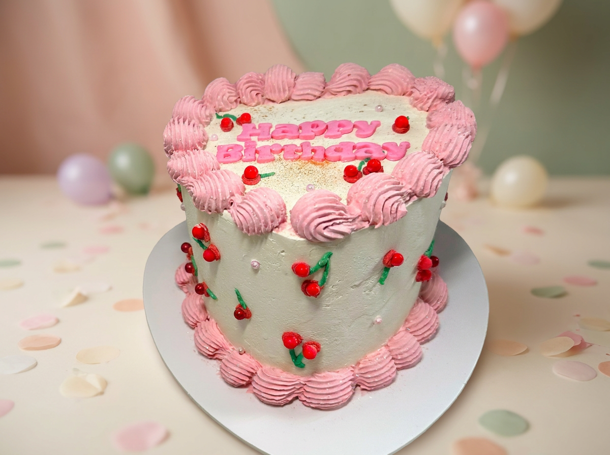 Heart-shaped pink and white birthday cake with cherry decorations and pearl accents