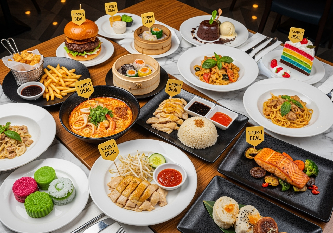Various Singapore restaurant dishes showcasing 1-for-1 deals