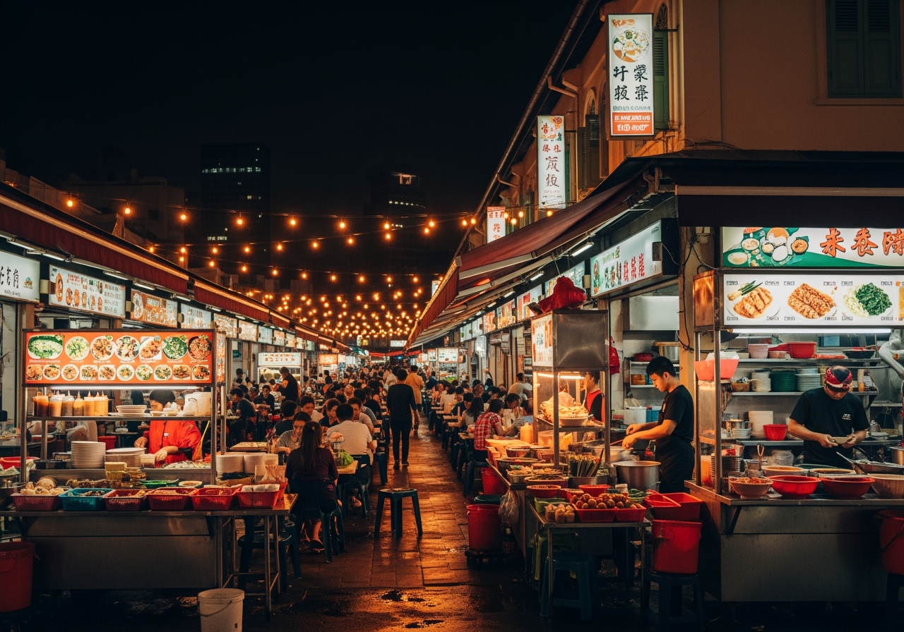 Singapore night food scene with bustling hawker centers