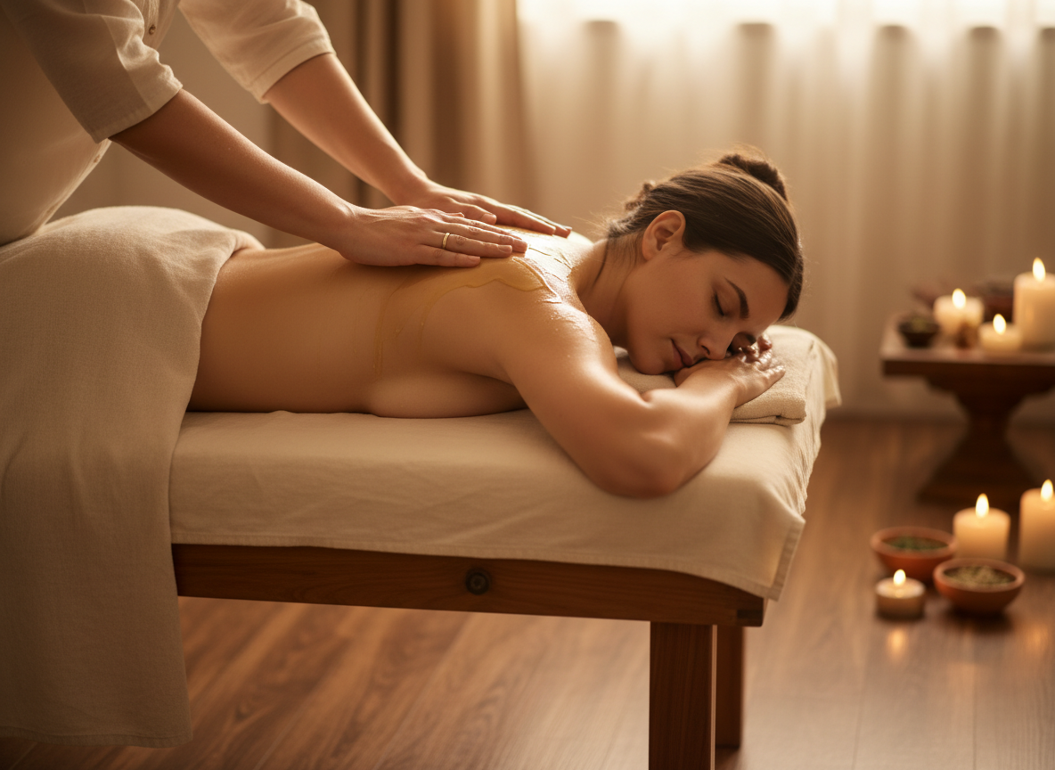 Abhyanga – ayurvedische Ganzkörper-Ölmassage (Bild: KI-generiert)