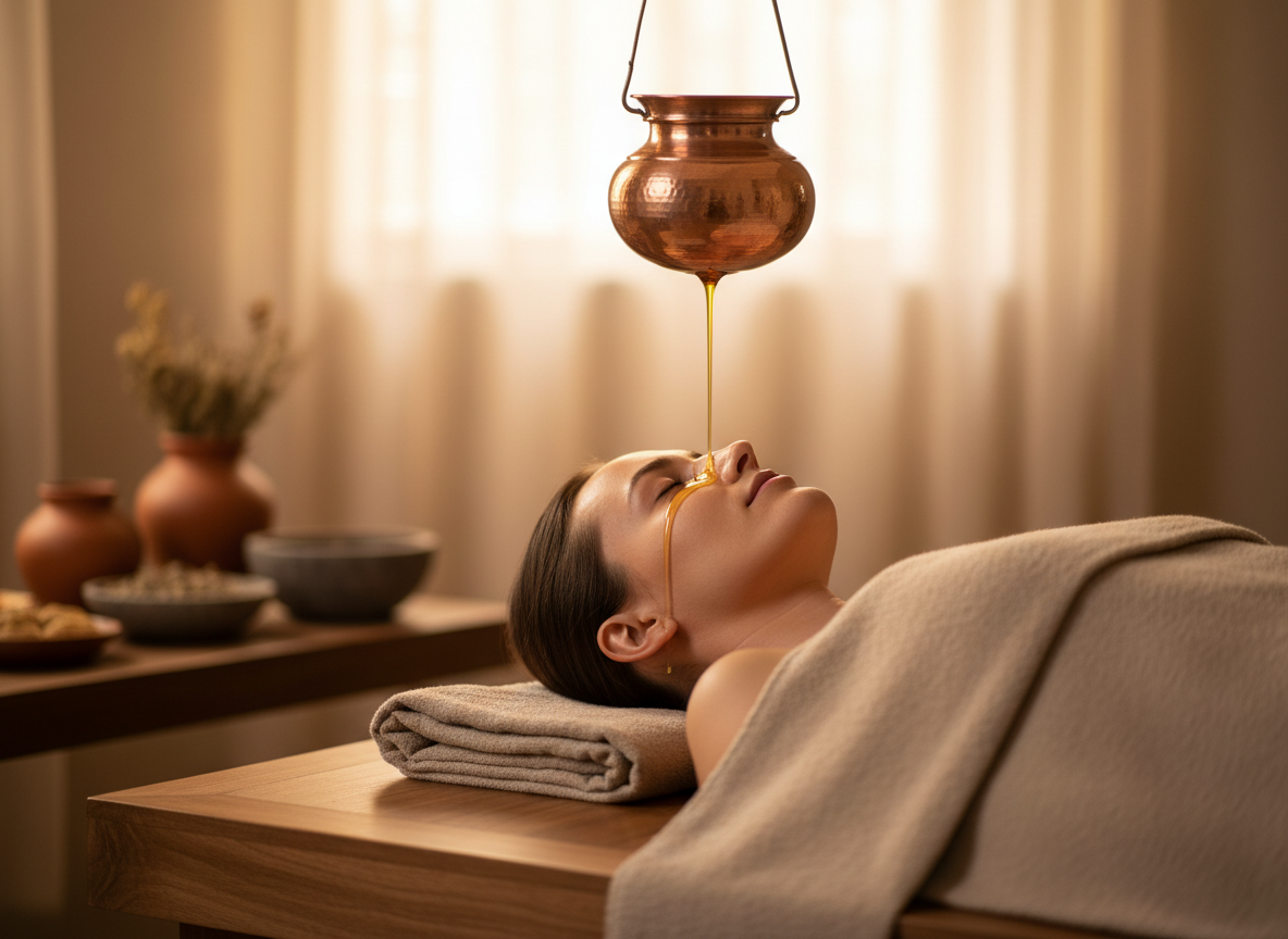 Shirodhara – Stirnölguss (Bild: KI-generiert)