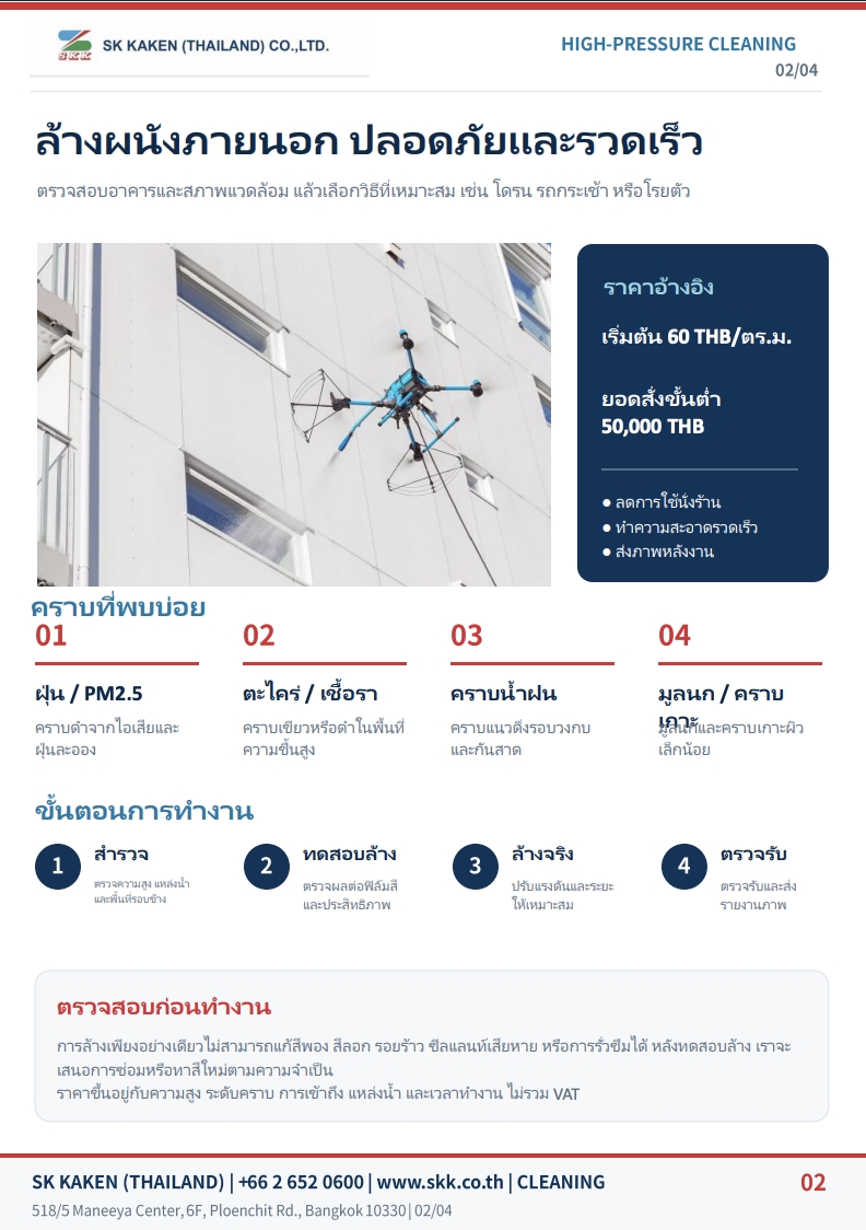 Factory Care brochure page showing high-pressure drone cleaning