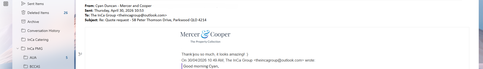 Email from Cyan Duncan at Mercer and Cooper saying Thank you so much it looks amazing