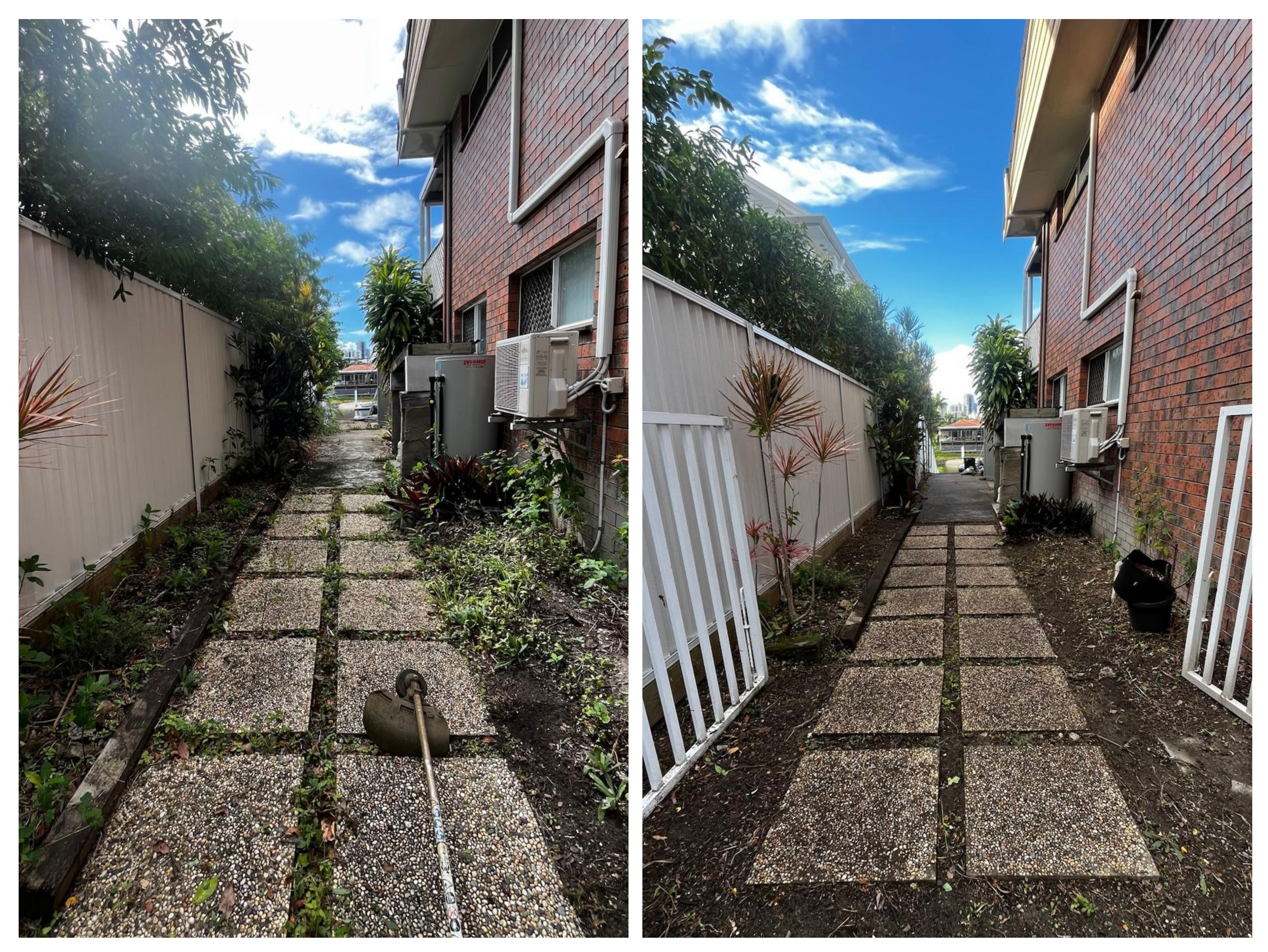 Before and after collage of a side pathway garden tidy-up