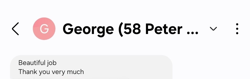 Text message from George saying Beautiful job, Thank you very much