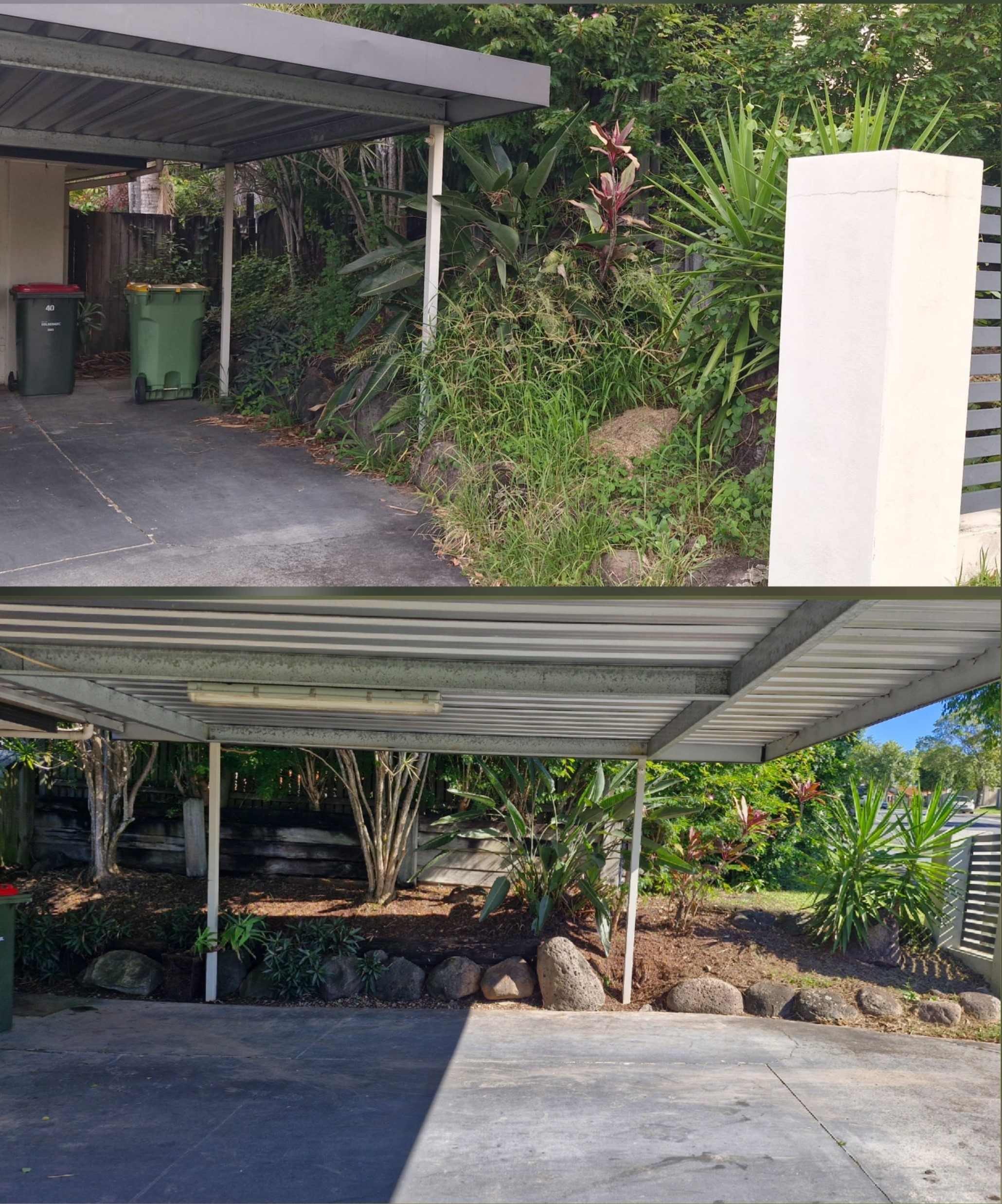 Before and after of carport garden revamp
