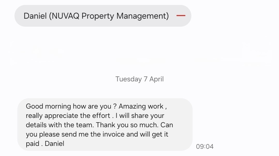 Text message from Daniel at NUVAQ Property Management praising amazing work and offering to share details with team