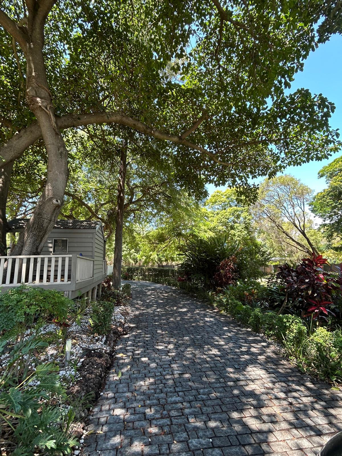 Cobblestone pathway shaded by mature trees with lush tropical garden beds and a cottage-style property