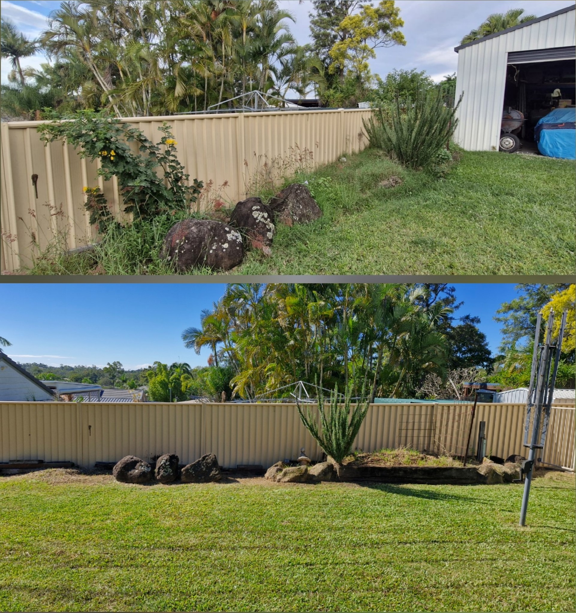 Before and after of fence line tidy