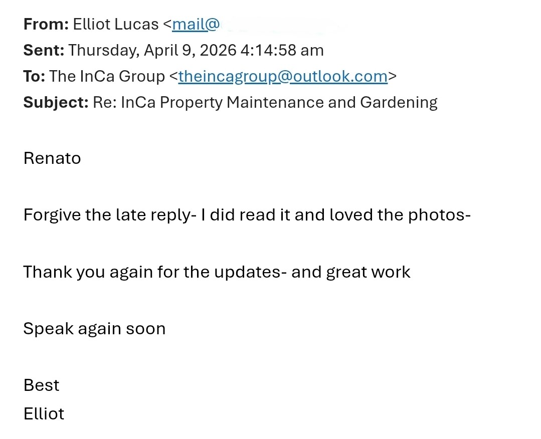 Email from Elliot Lucas thanking for updates and praising great work
