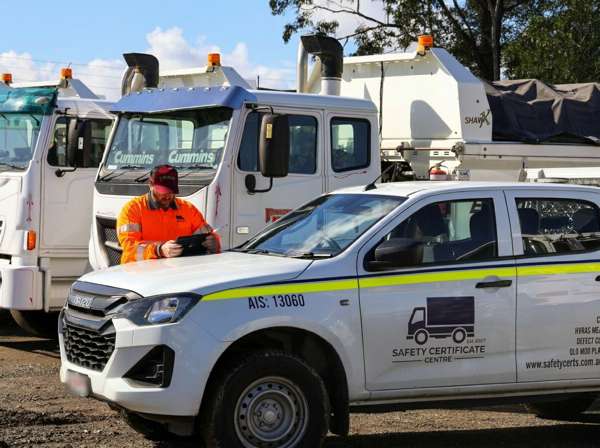 Safety Certificate Centre inspector completing paperwork at a fleet depot
