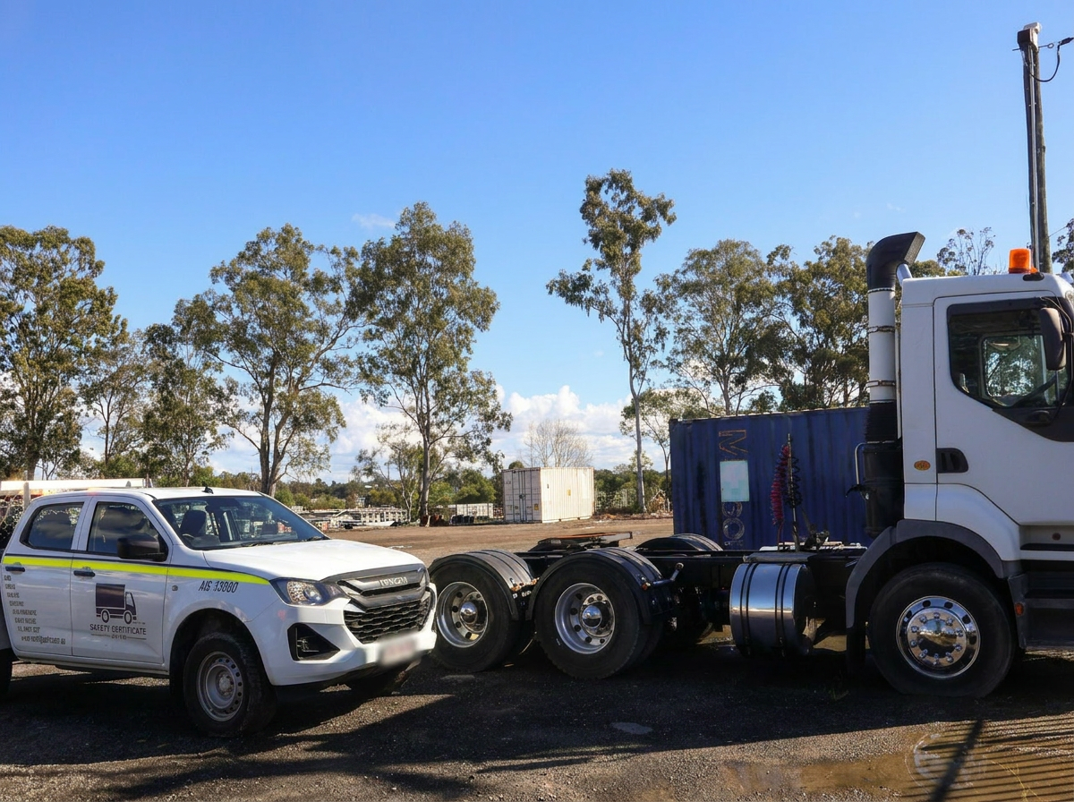 Safety Certificate Centre ute alongside a heavy semi-trailer