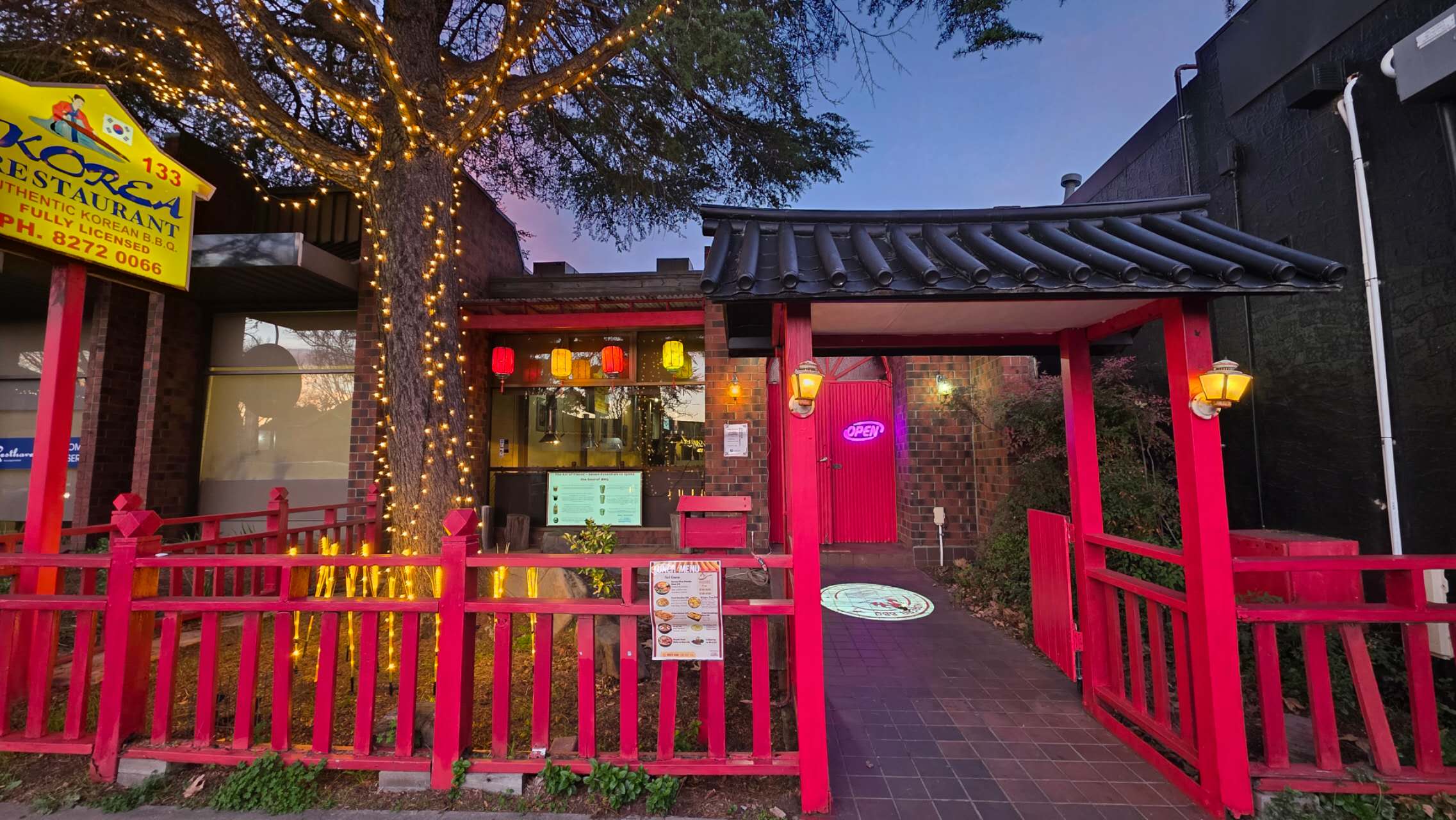 Korea Restaurant exterior with traditional Korean architecture