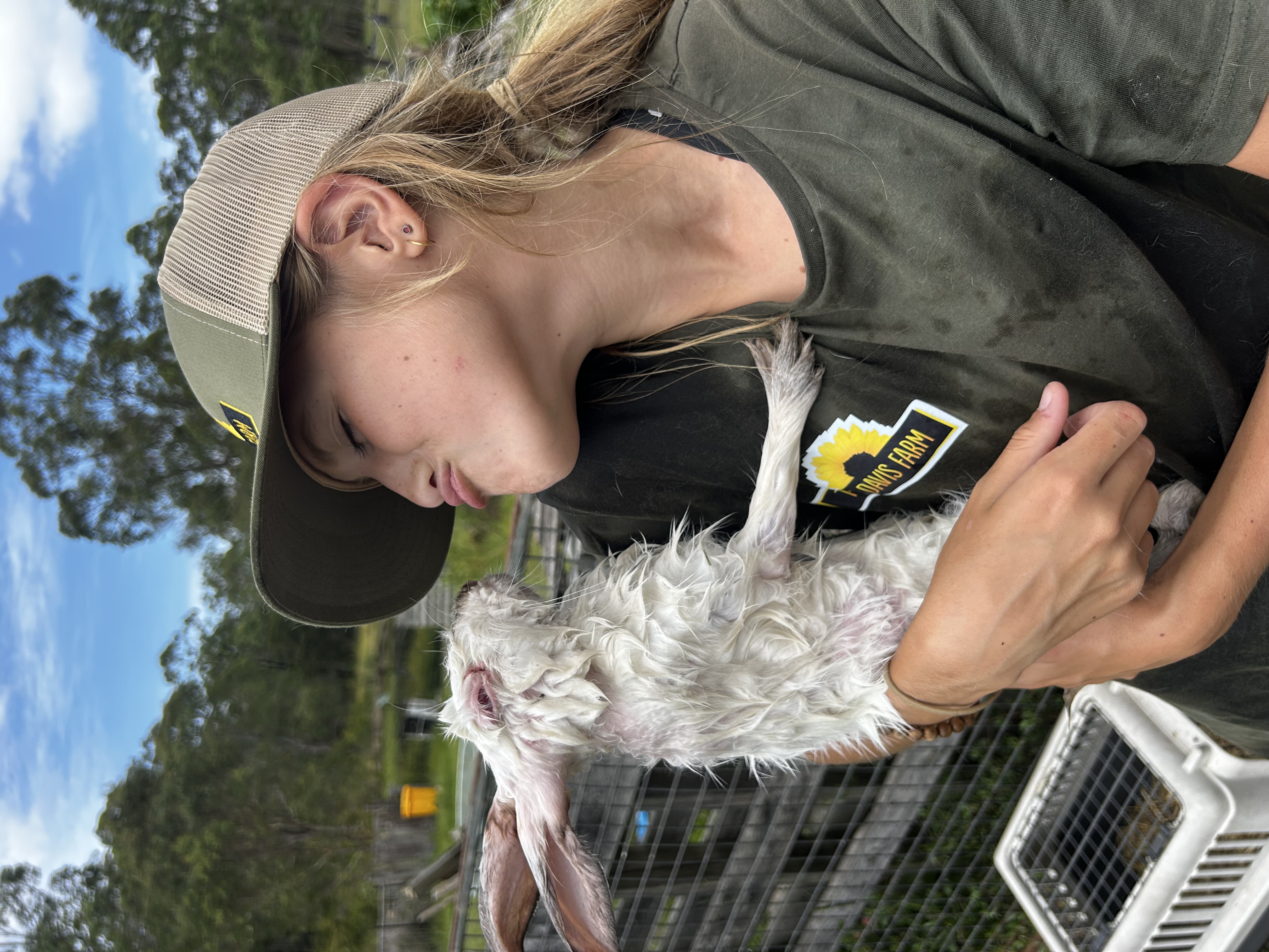 Davis Farm team member cuddling a baby goat