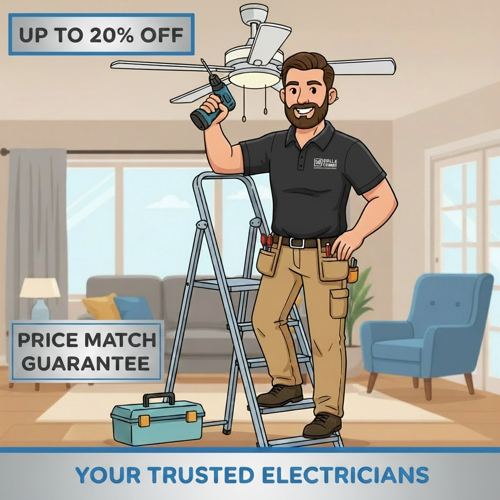 Chill and Charge promo graphic: trusted electricians, black shirt, price match guarantee