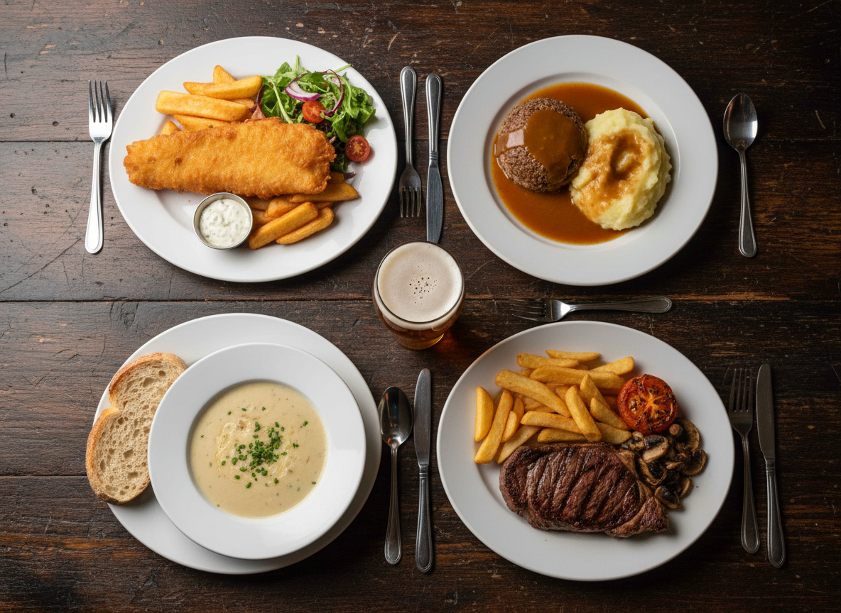 Traditional Scottish pub food at The Castle Tavern - Cullen Skink, Haggis Neeps and Tatties, North Sea Haddock and Chips, and Ribeye Steak each on separate plates