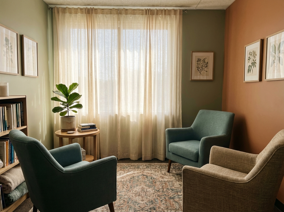 Comfortable therapy office with warm lighting