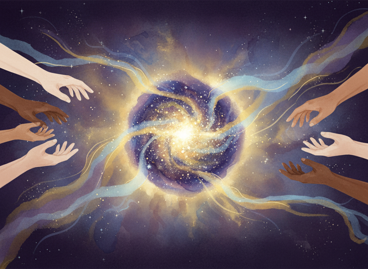 Hands from different skin tones reaching toward a glowing cosmic center