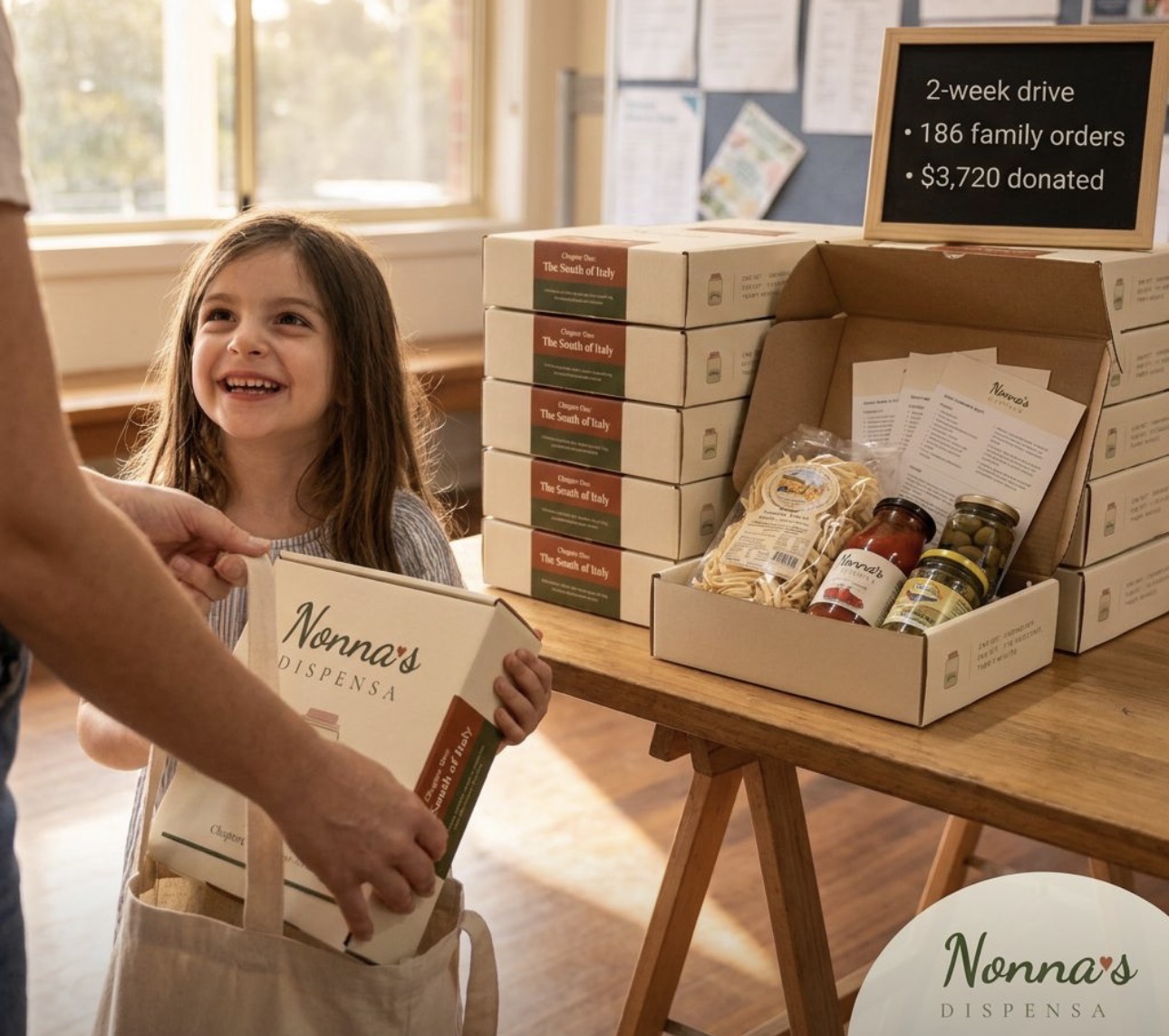 A school pick-up moment: a child holding a Nonna's Dispensa box, with pantry boxes stacked on a table.
