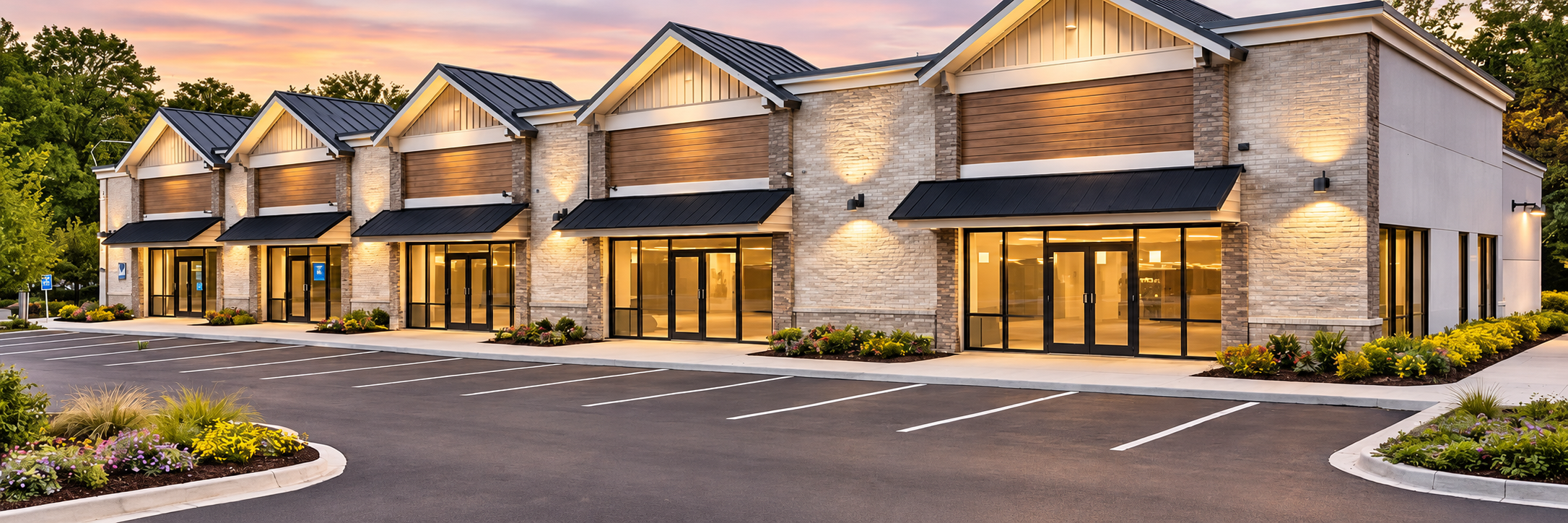 Multi-tenancy retail building with masonry walls and a standing seam roof, photographed at dusk