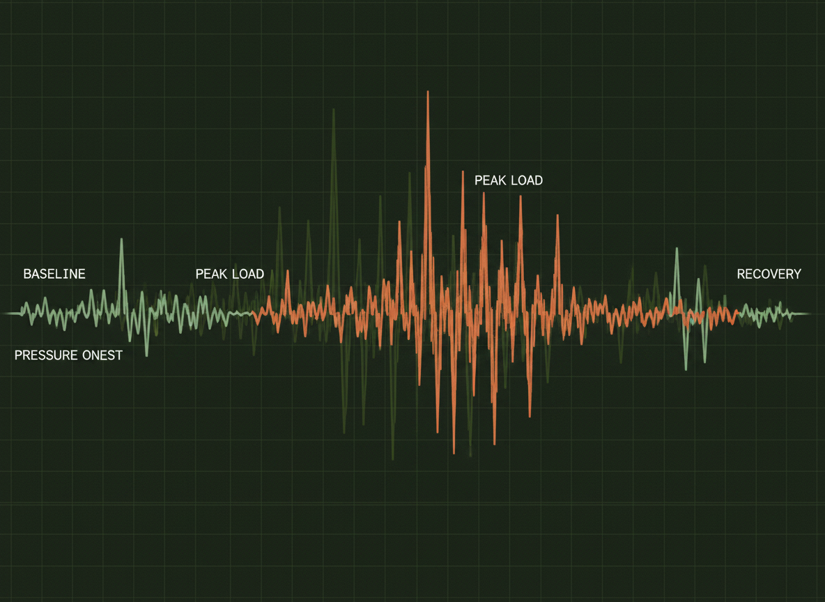 Behavioral seismograph — individual stress-response signal showing calm baseline, pressure onset, peak load, and recovery