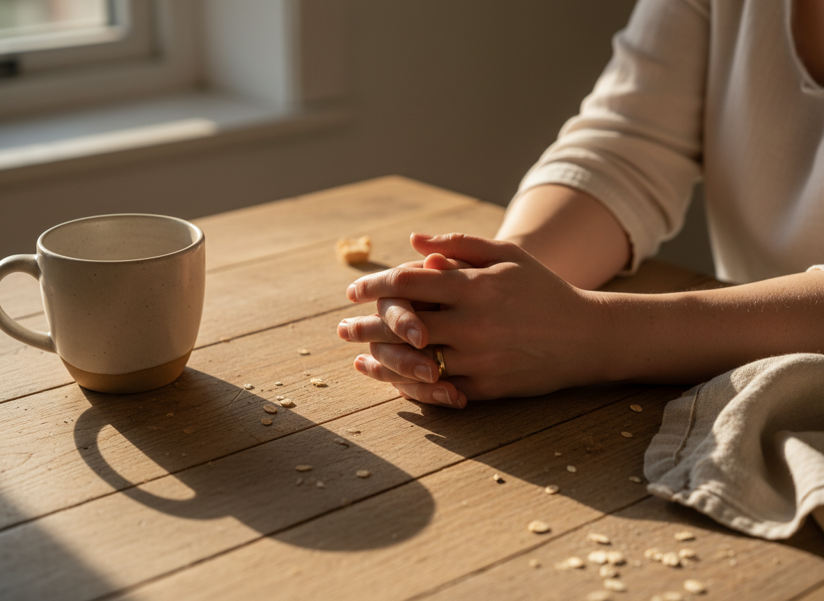 Adult hands resting on a wooden table in warm natural light