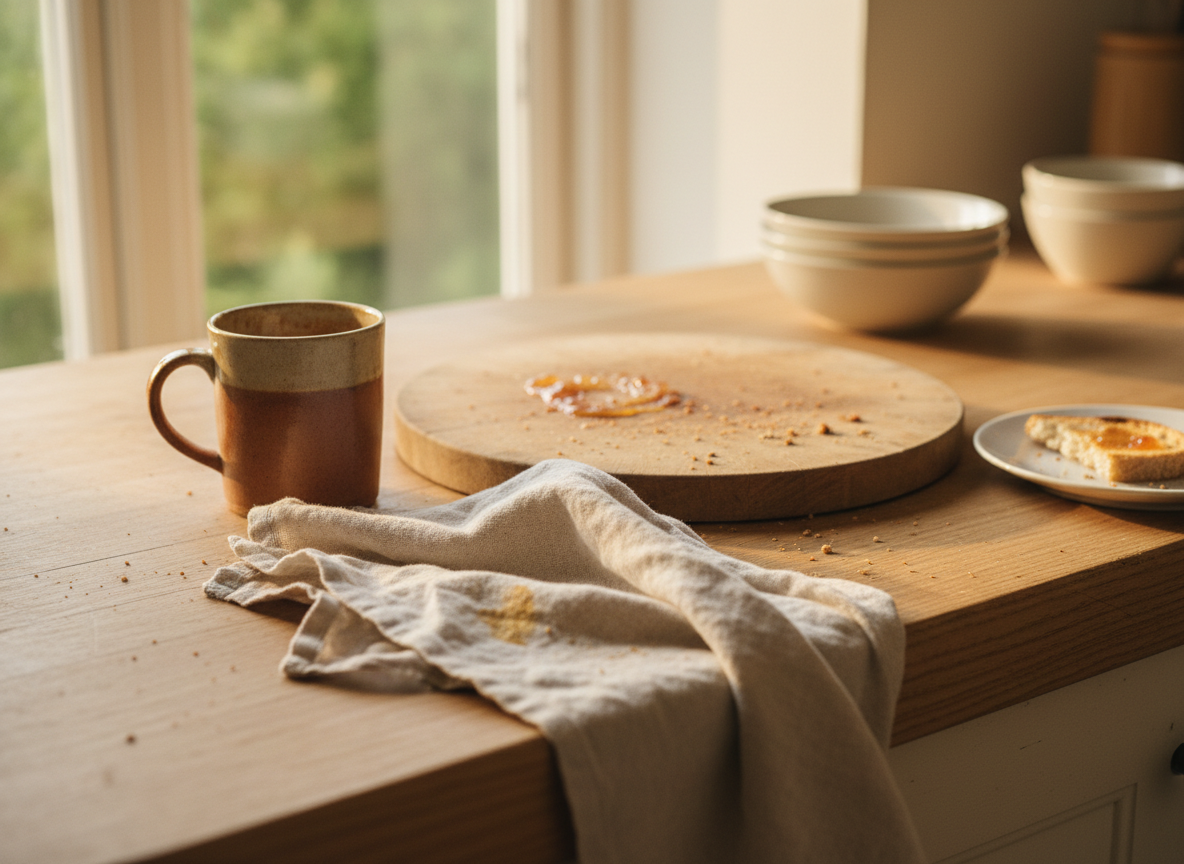 Warm lived-in kitchen counter in soft morning light with a half-finished cup of tea