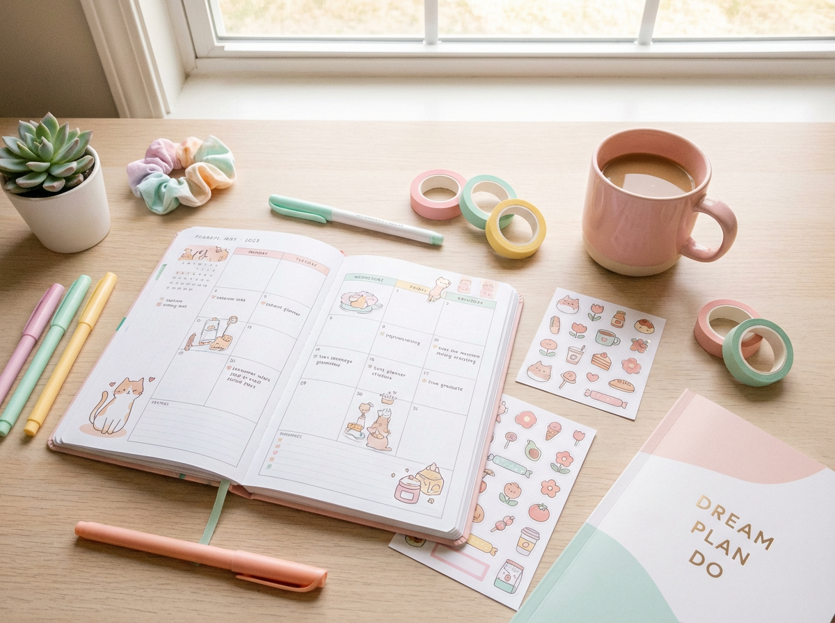 Colourful stickers and creative supplies on a pastel workspace