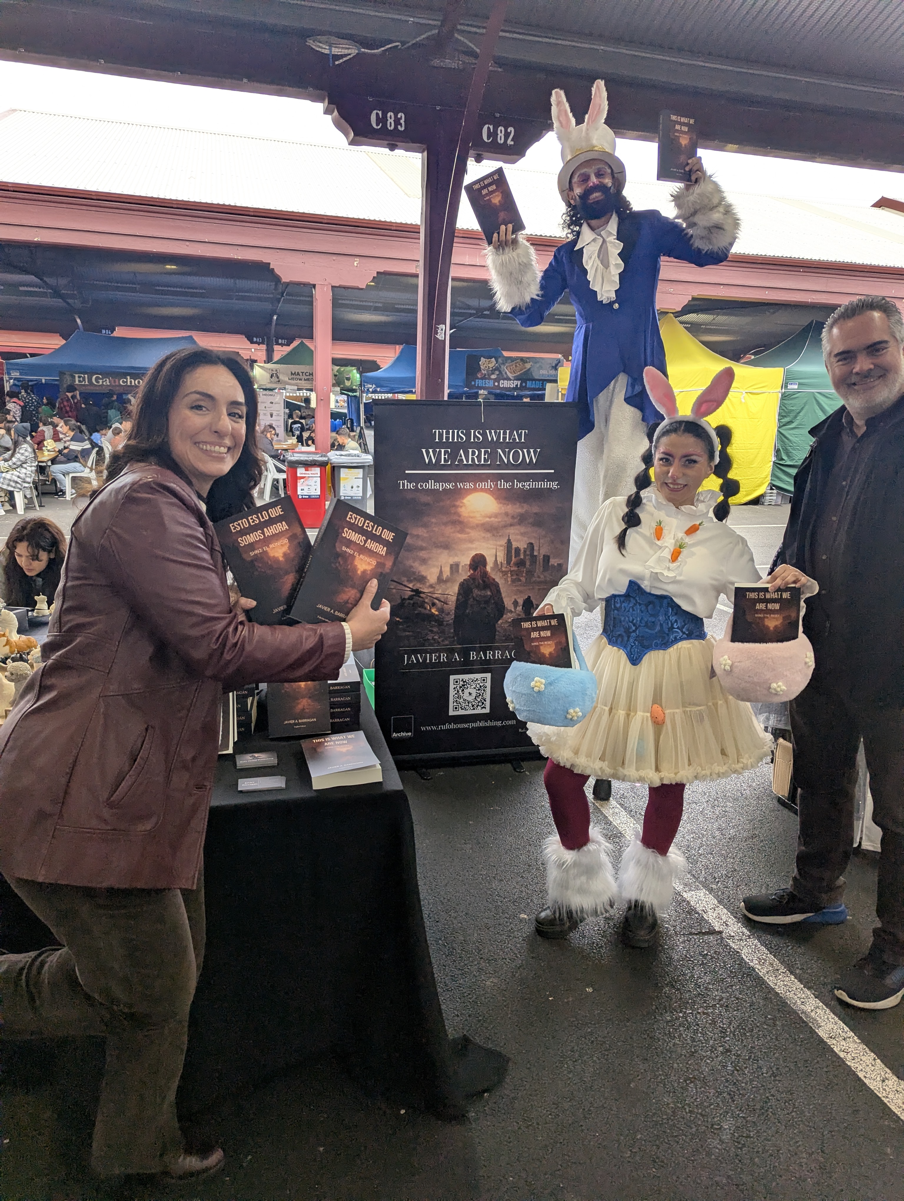 Book display with costumed performers