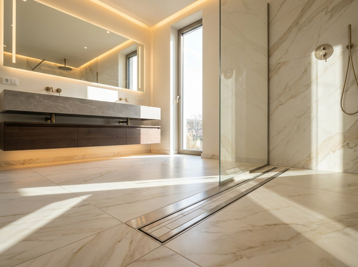 Designer bathroom featuring a tile insert strip floor waste with seamless tile integration