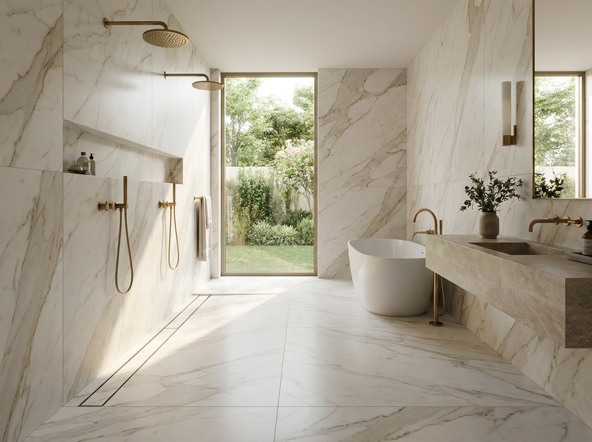 Modern bathroom with tile insert floor waste grate