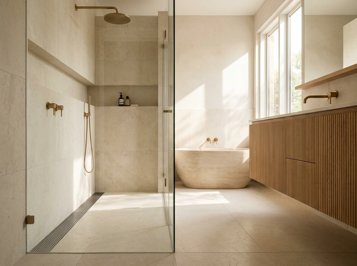 Modern bathroom with heel guard floor grate installed near shower