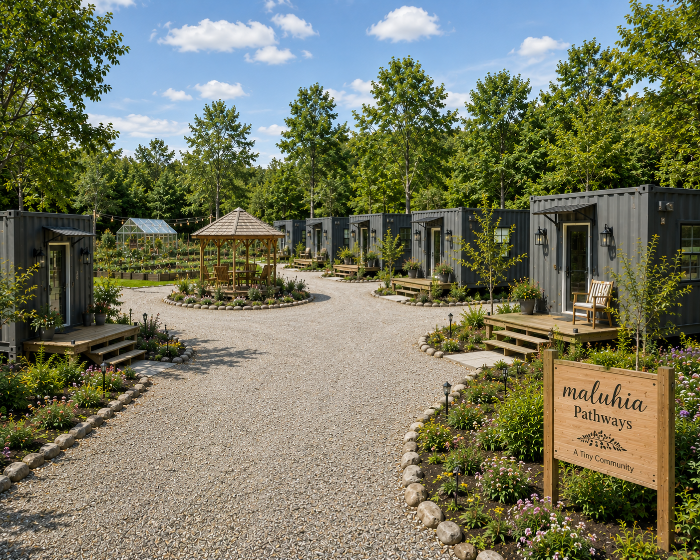 Maluhia Pathways tiny community with container homes, gardens, and gathering spaces