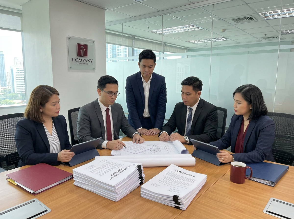 Filipino contractors reviewing surety bond documents for government projects in the Philippines