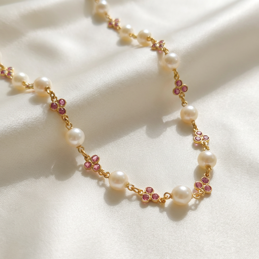 Pearl & Pink Gemstone Gold Chain Necklace
