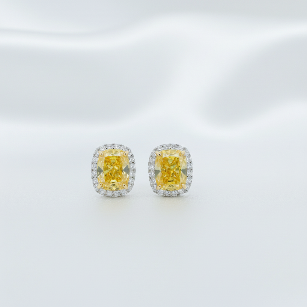 Yellow Diamond Cushion Halo Stud Earrings