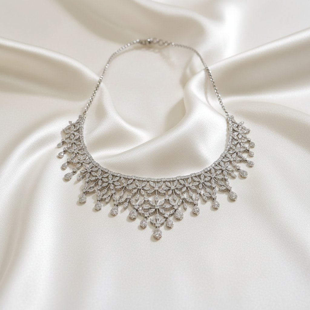 White Gold Floral Fringe Diamond Statement Necklace