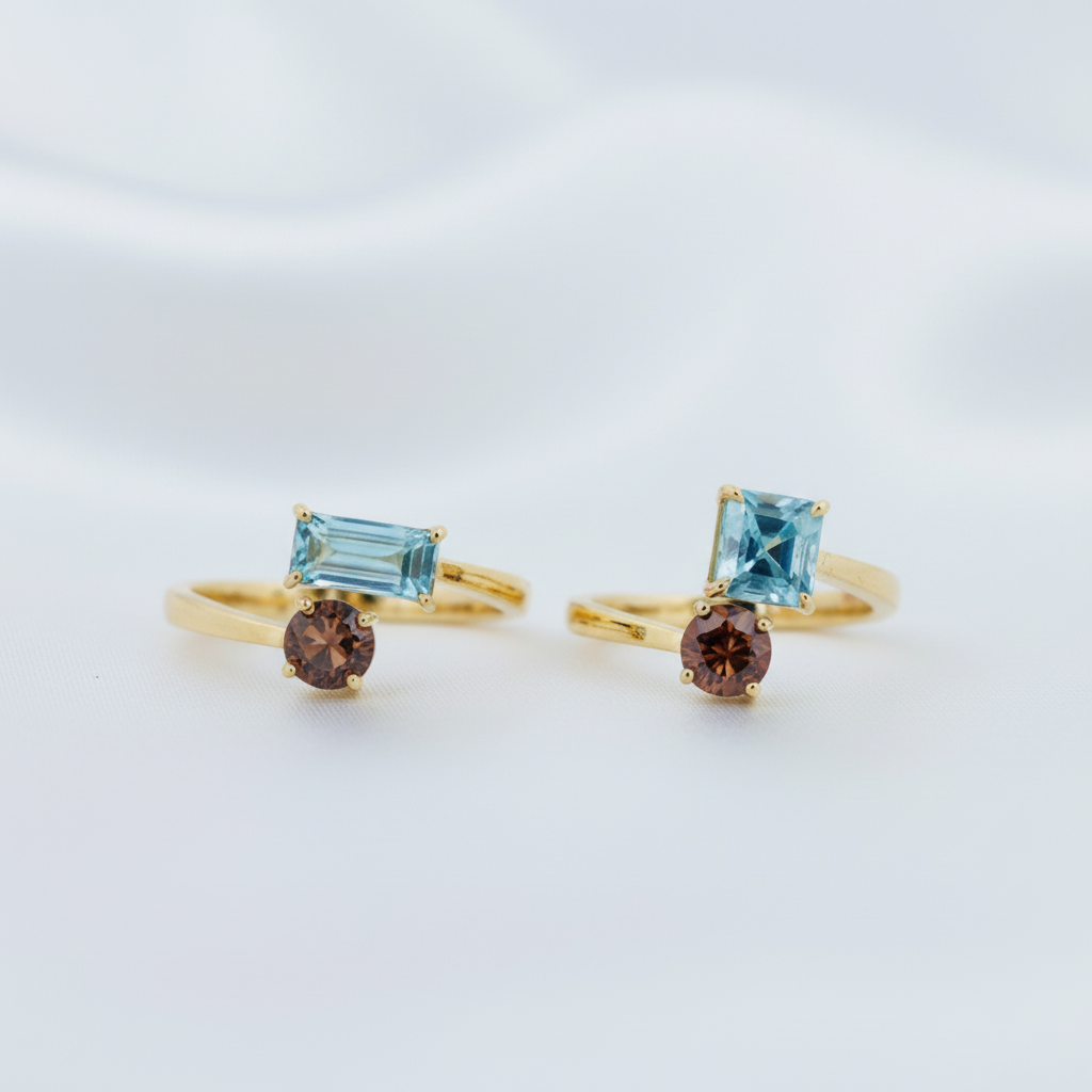 Blue Topaz Garnet Gold Rings (Set of 2)