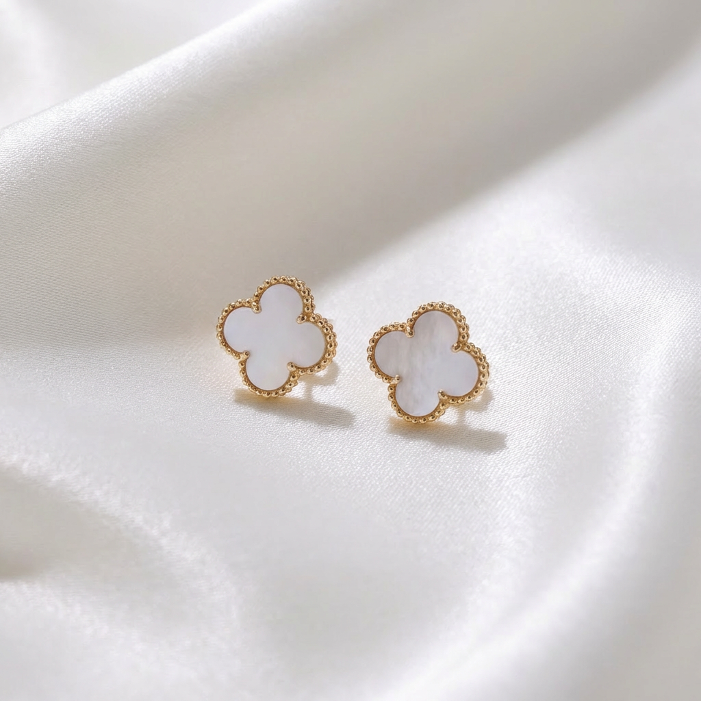 Mother of Pearl Clover Gold Stud Earrings
