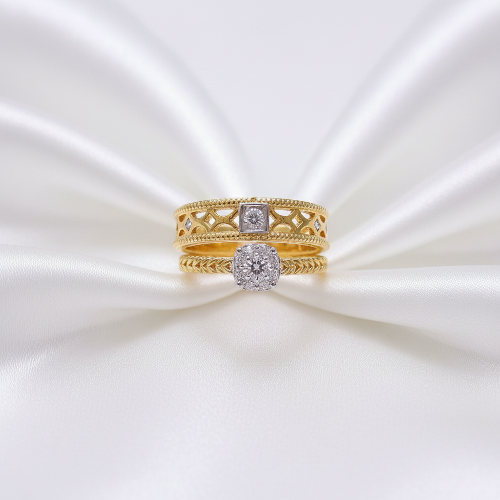 Filigree Bangle & Cushion Halo Diamond Couple Rings
