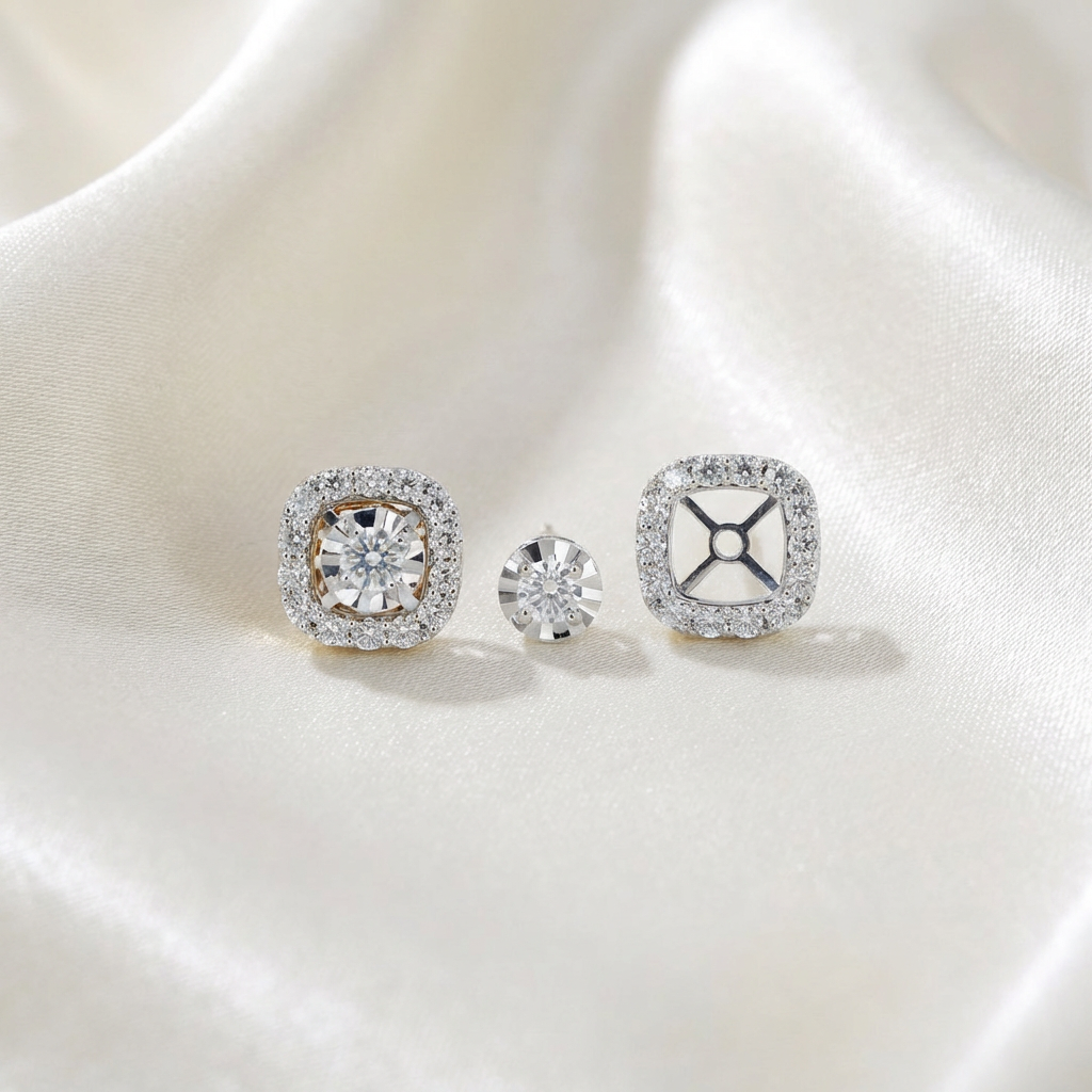 Two-Tone Cushion Halo Diamond Stud Earrings