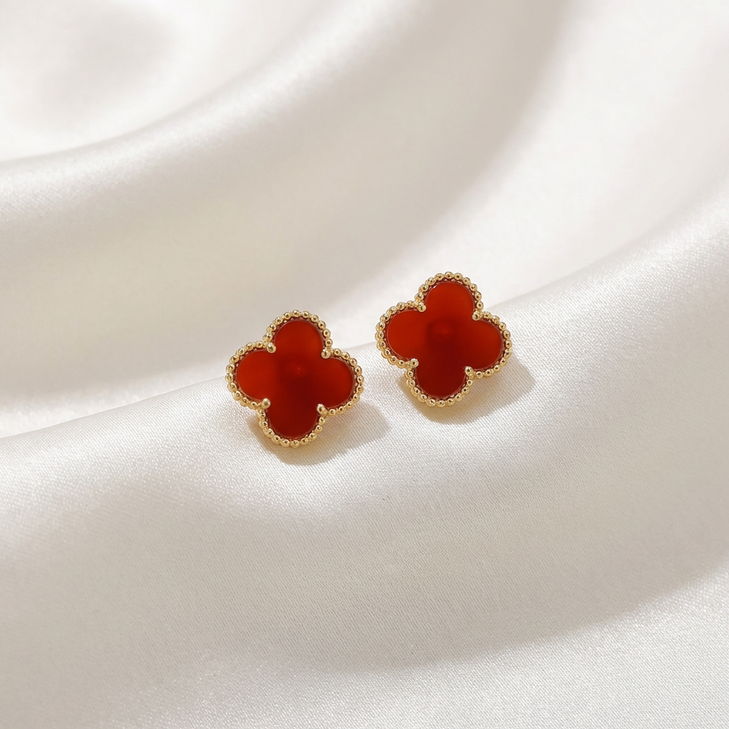 Red Carnelian Clover Gold Stud Earrings