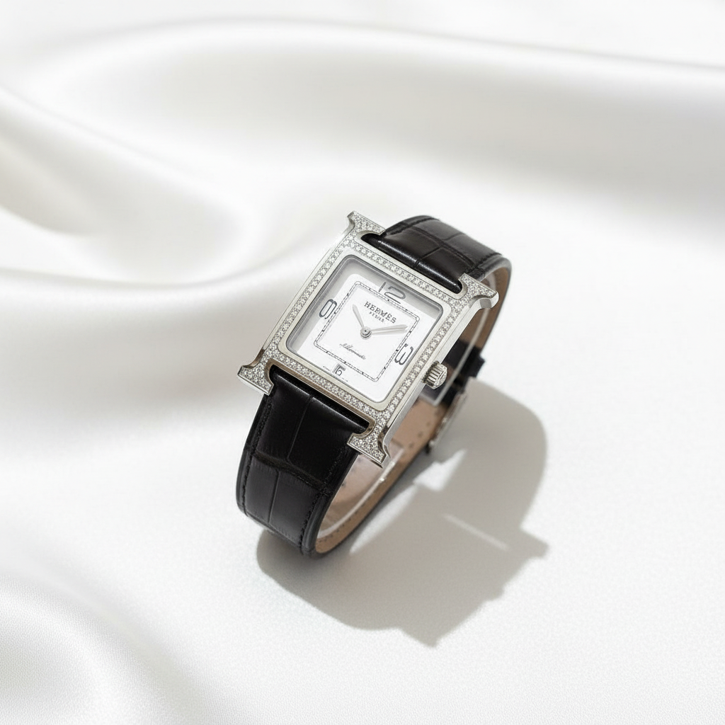 Hermès H-Frame Diamond Bezel Watch with Black Leather Strap