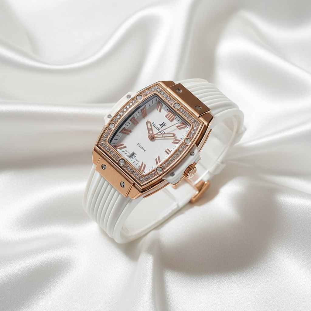 Hublot Rose Gold Rectangle Diamond Bezel Watch with White Rubber Strap