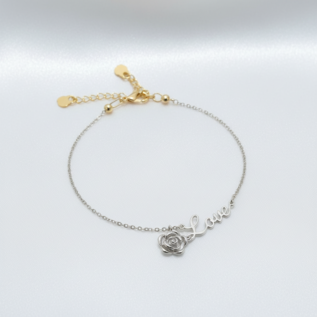 White Gold Rose Love Script Charm Bracelet