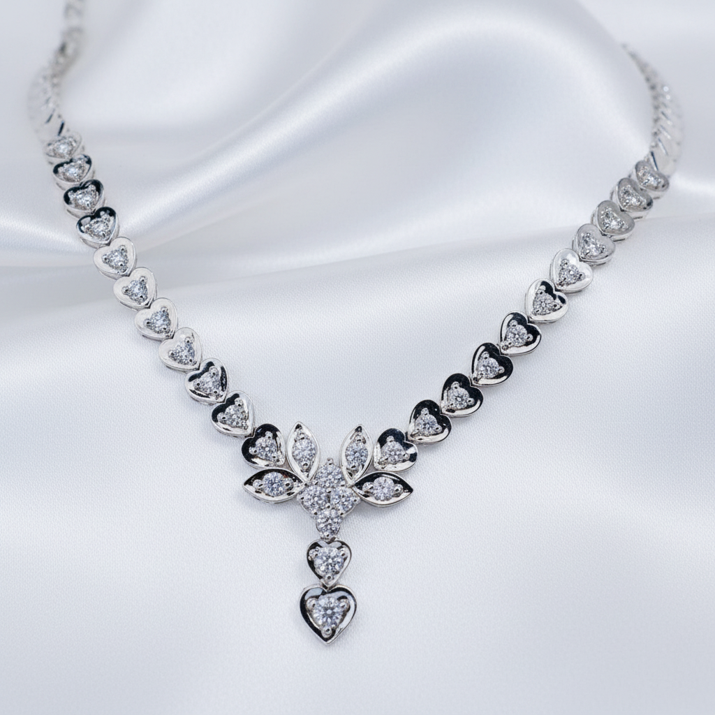 White Gold Heart Link Diamond Flower Drop Necklace