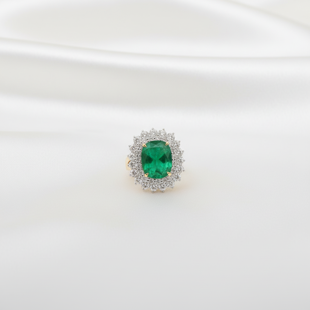 Emerald Double Halo Diamond Ring