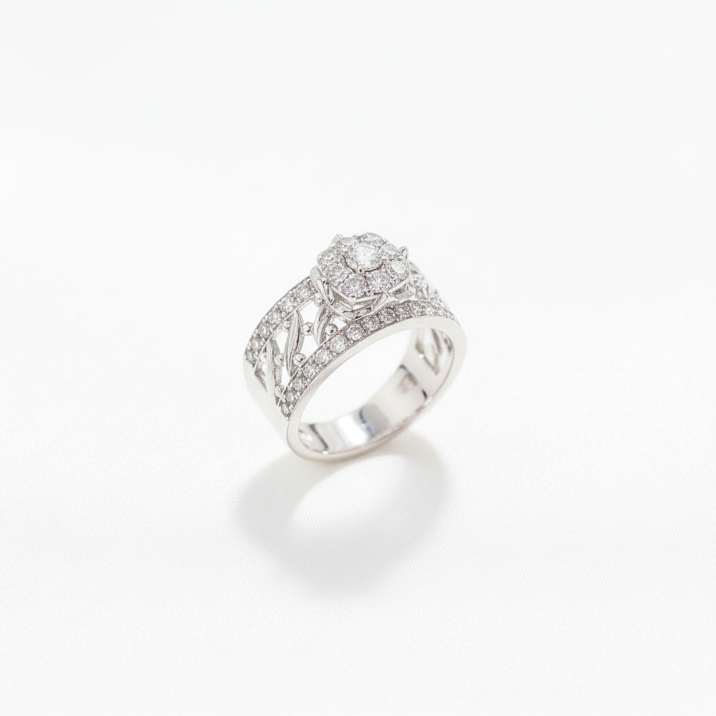 Heart Cluster Crown Wide Band Diamond Ring